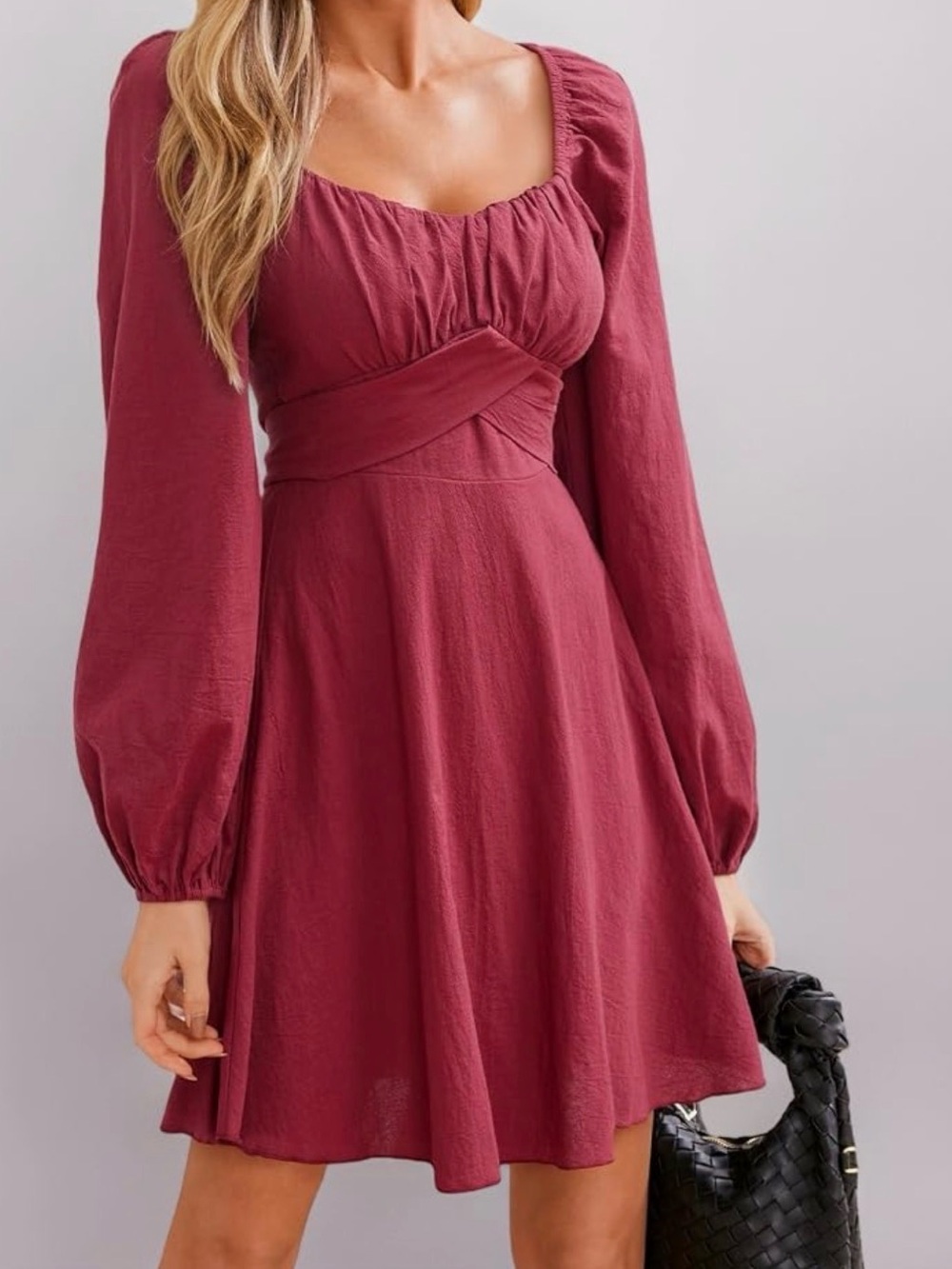 Cupshe Women's Square-Neck Long Sleeve A-Line Dress in Burgundy Size Large